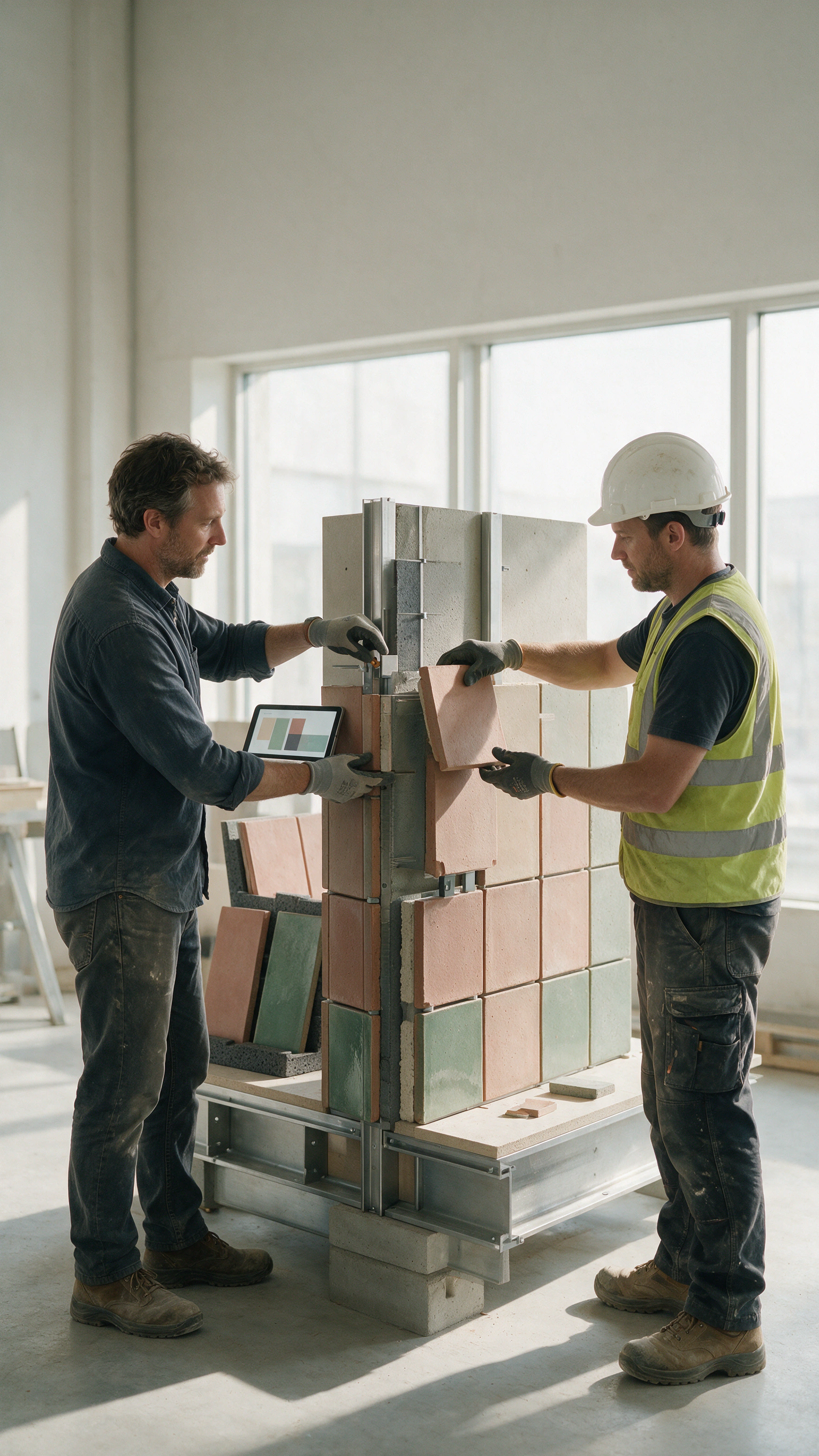 An architect and site engineer compare coded samples in a material library.