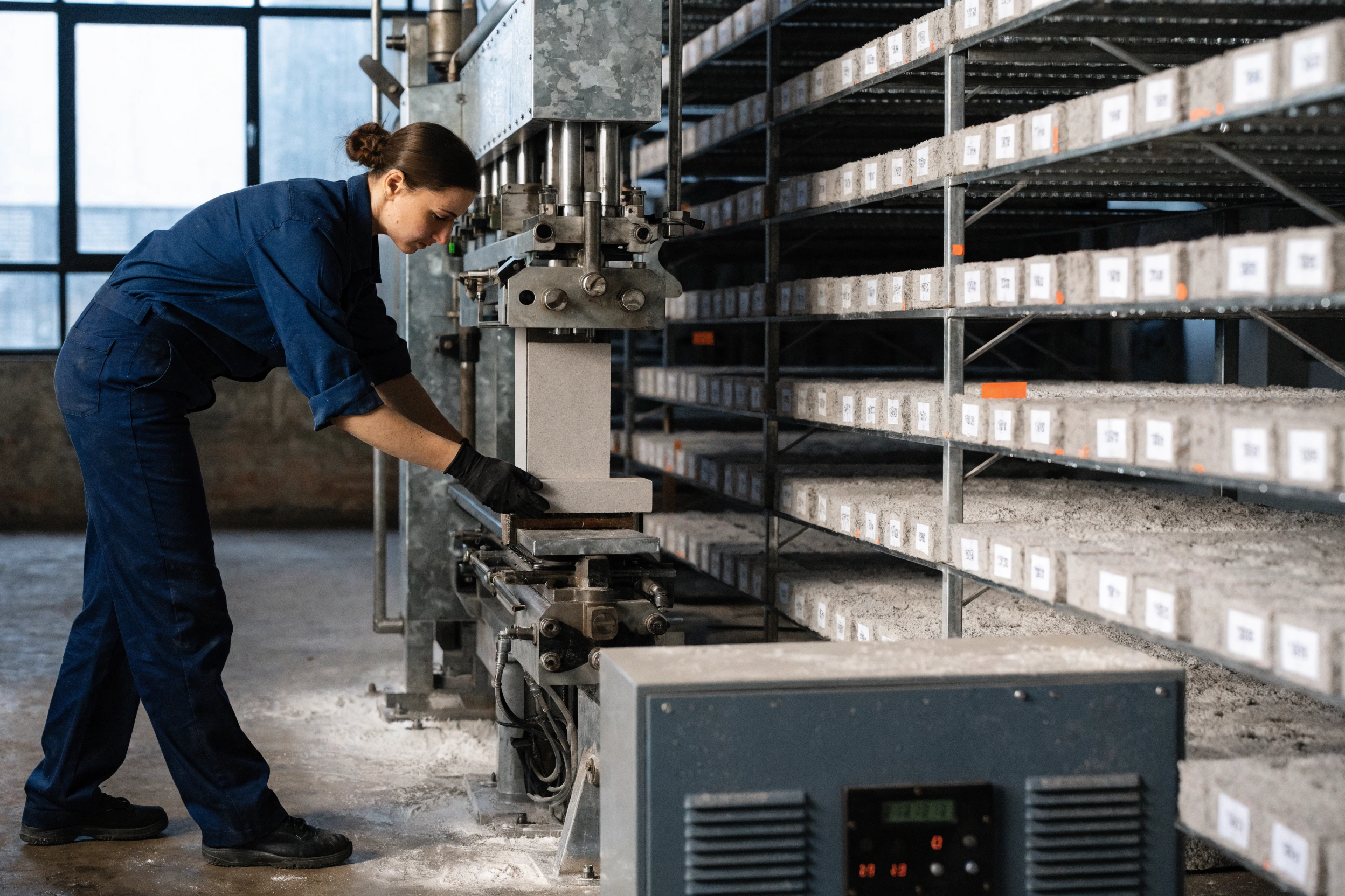Numbered modules cure on open racks with no kiln in the production bay.
