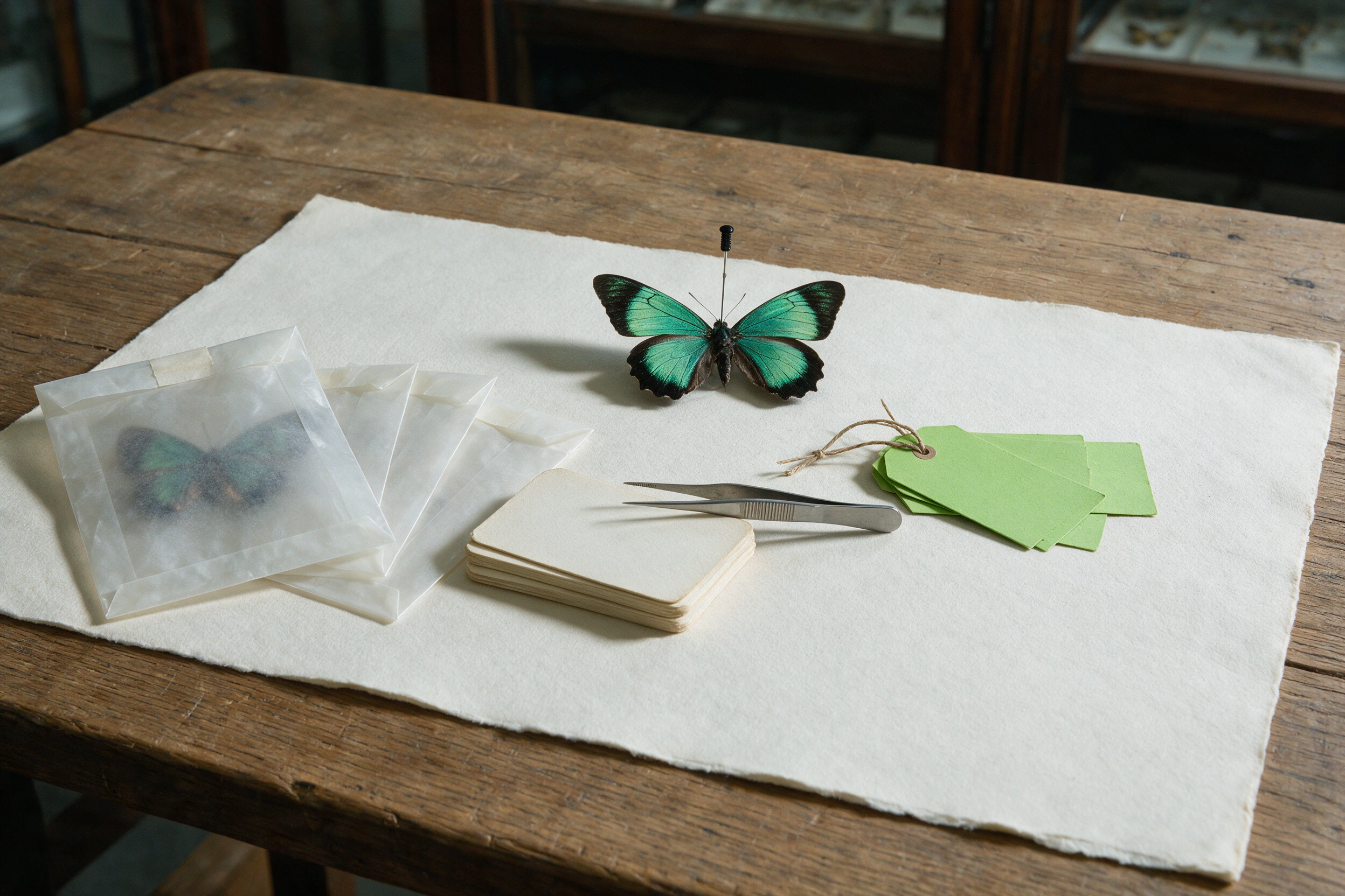 Glassine, a hand lens, and acid-green markers sit beside an empty specimen sleeve.