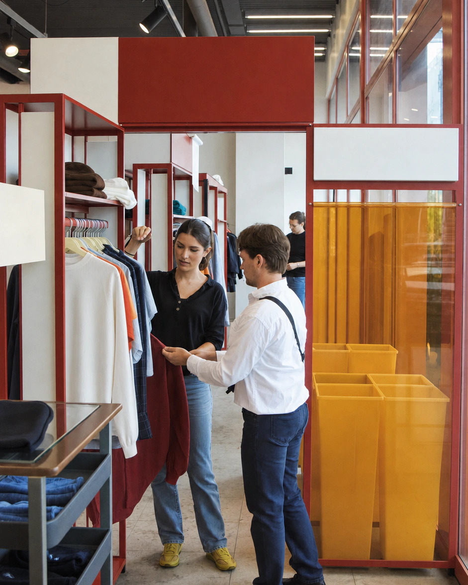 Two people examine a garment together among red clothing rails and translucent yellow display panels.