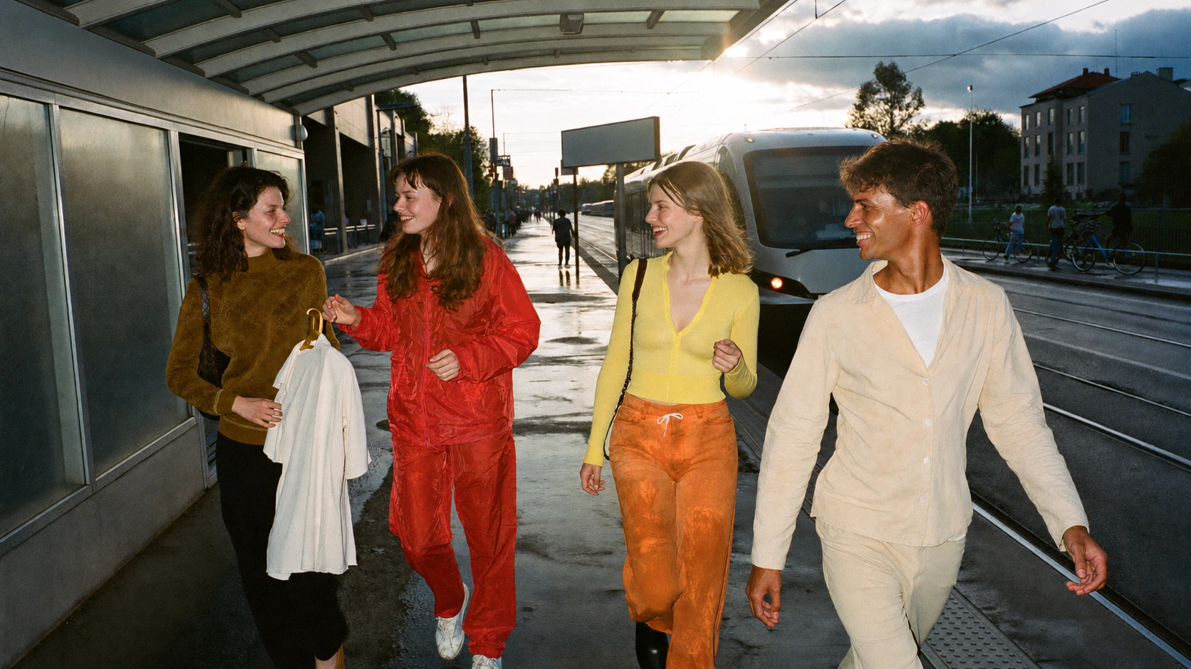 Four friends in red, yellow, brown and cream clothes walk and talk beneath a tram-stop canopy at sunset.