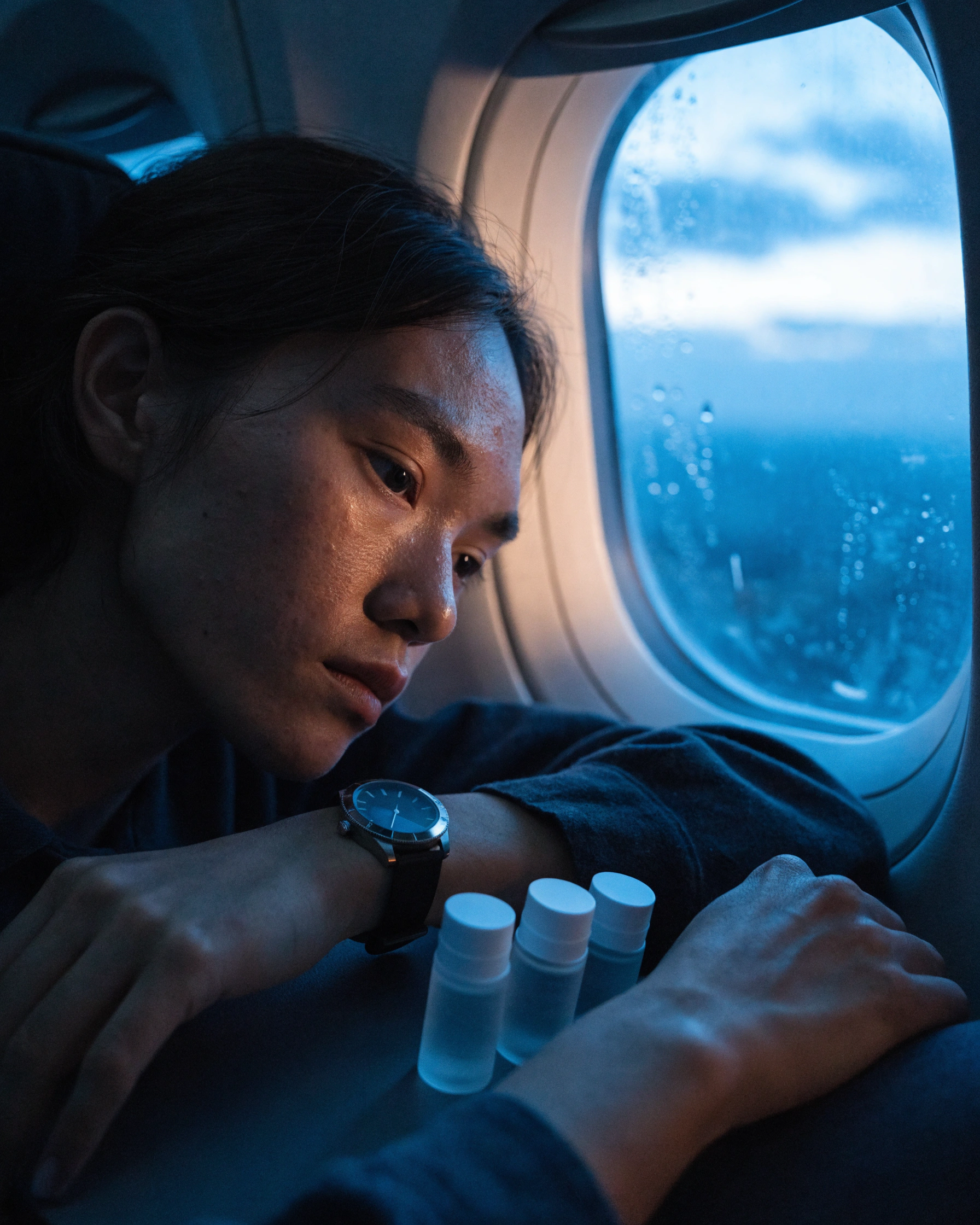 A plane window, wristwatch, and dim cabin reveal conflicting local times.