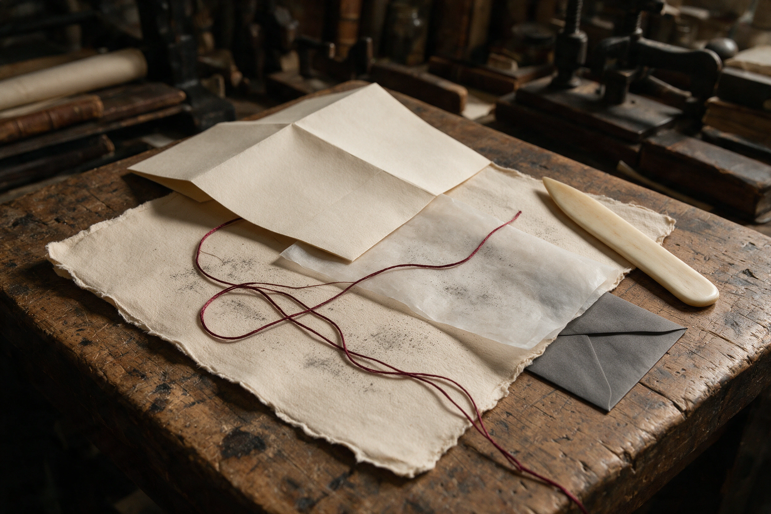 Folded tea-toned paper, glassine, graphite, and oxblood ink in close detail.