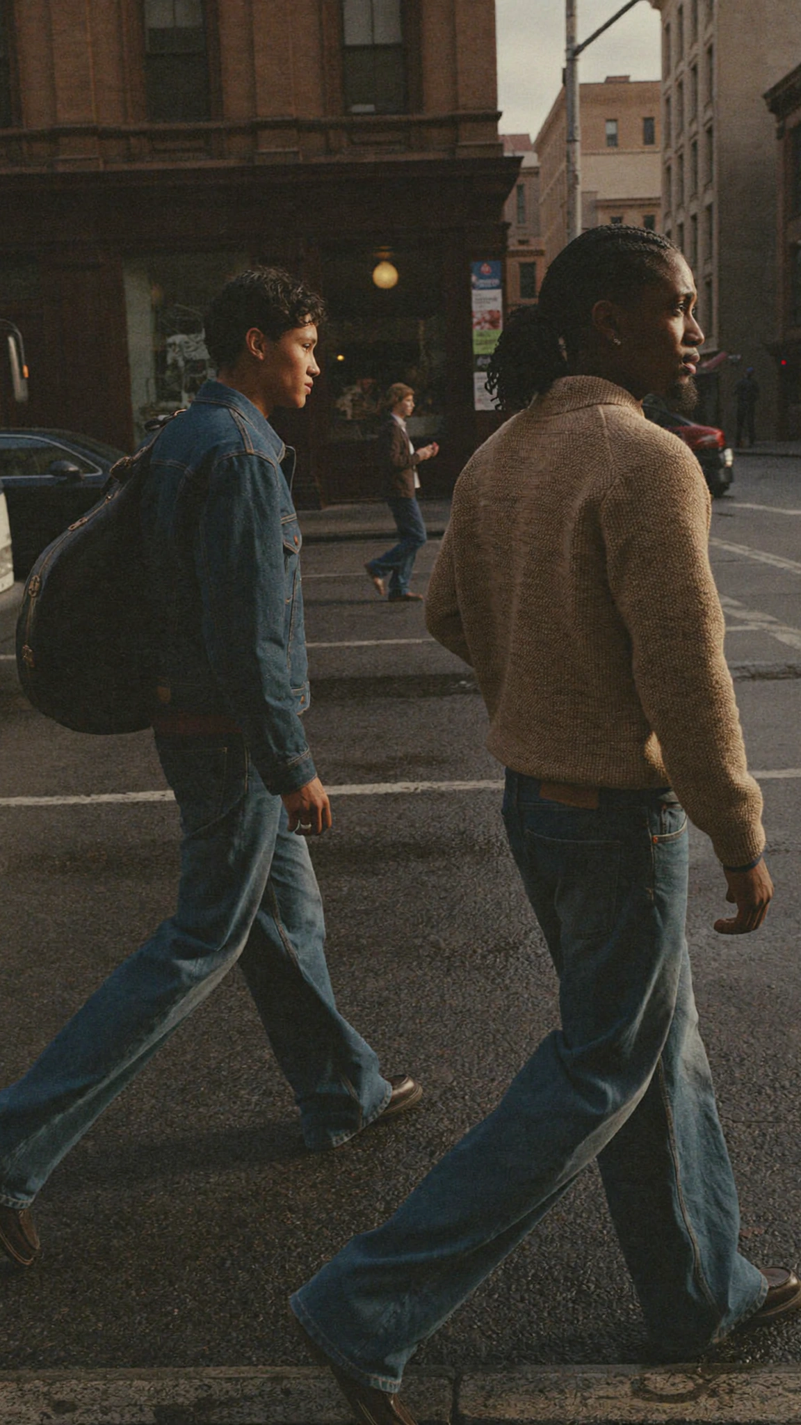 Two people in loose jeans cross a downtown street beside a white bus in late-day light.