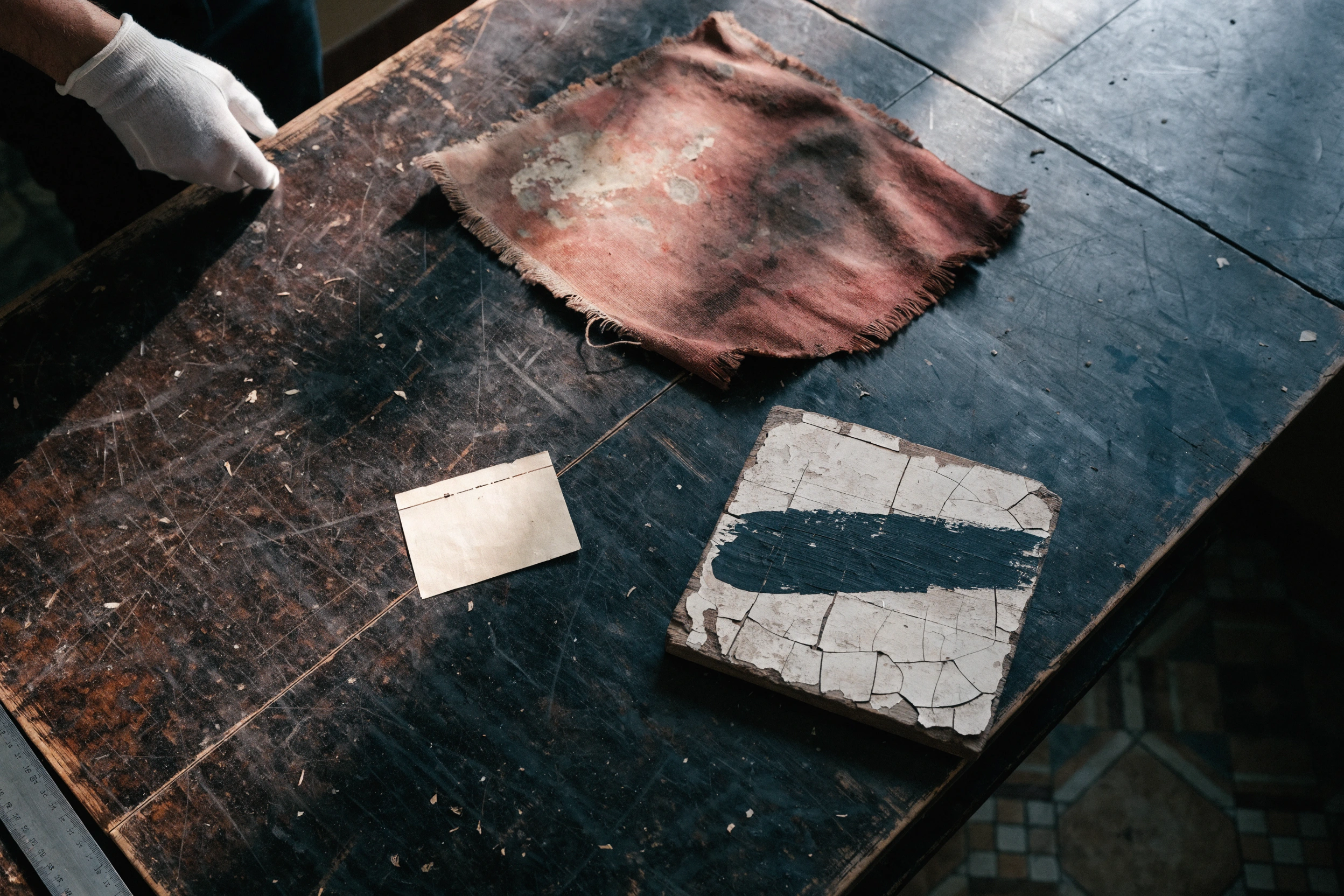 An awning letter, handwritten notice, and shop receipt are photographed before cataloguing.