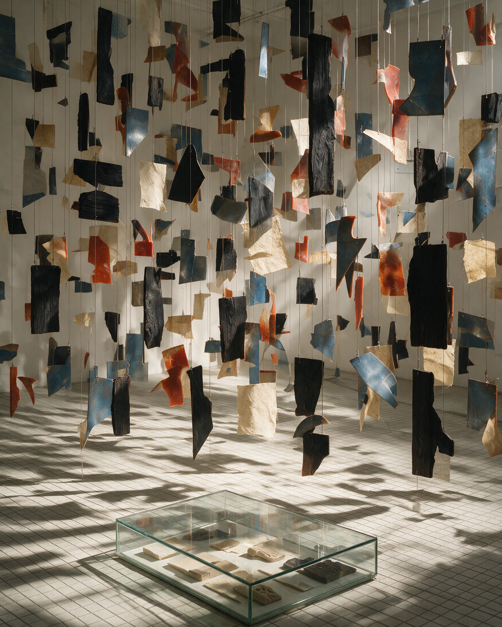 Suspended archive of painted Hangul stroke fragments arranged above a glass specimen case.