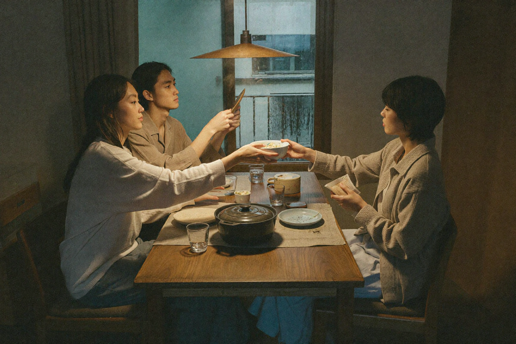 Three people seated around a wooden table pass a small bowl beneath a bronze pendant lamp.