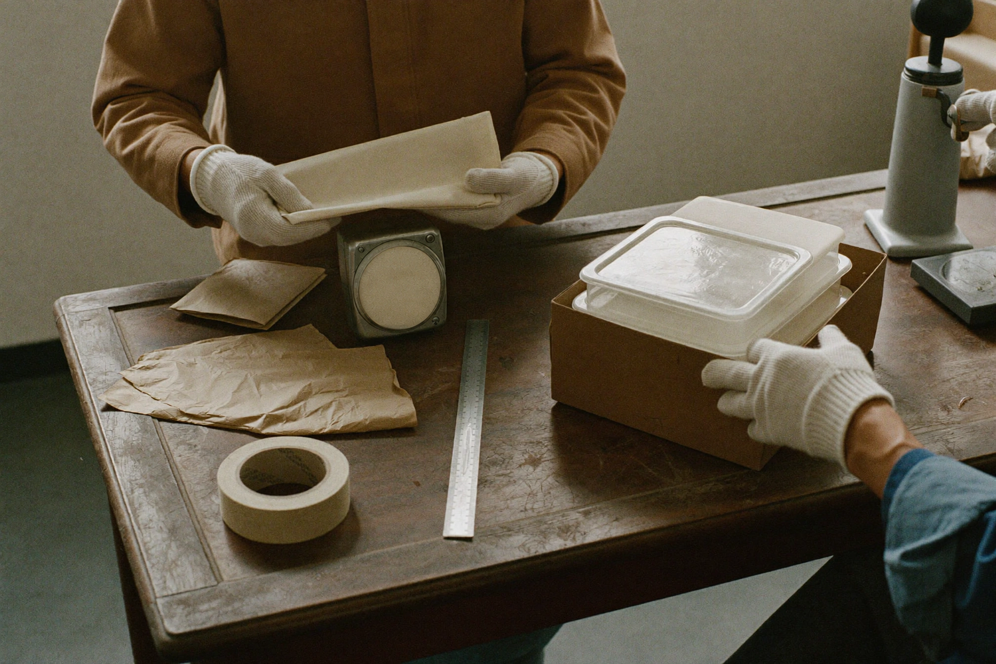 Gloved hands sort plain paper packets, a translucent box, tape, and a metal ruler on a wooden worktable.