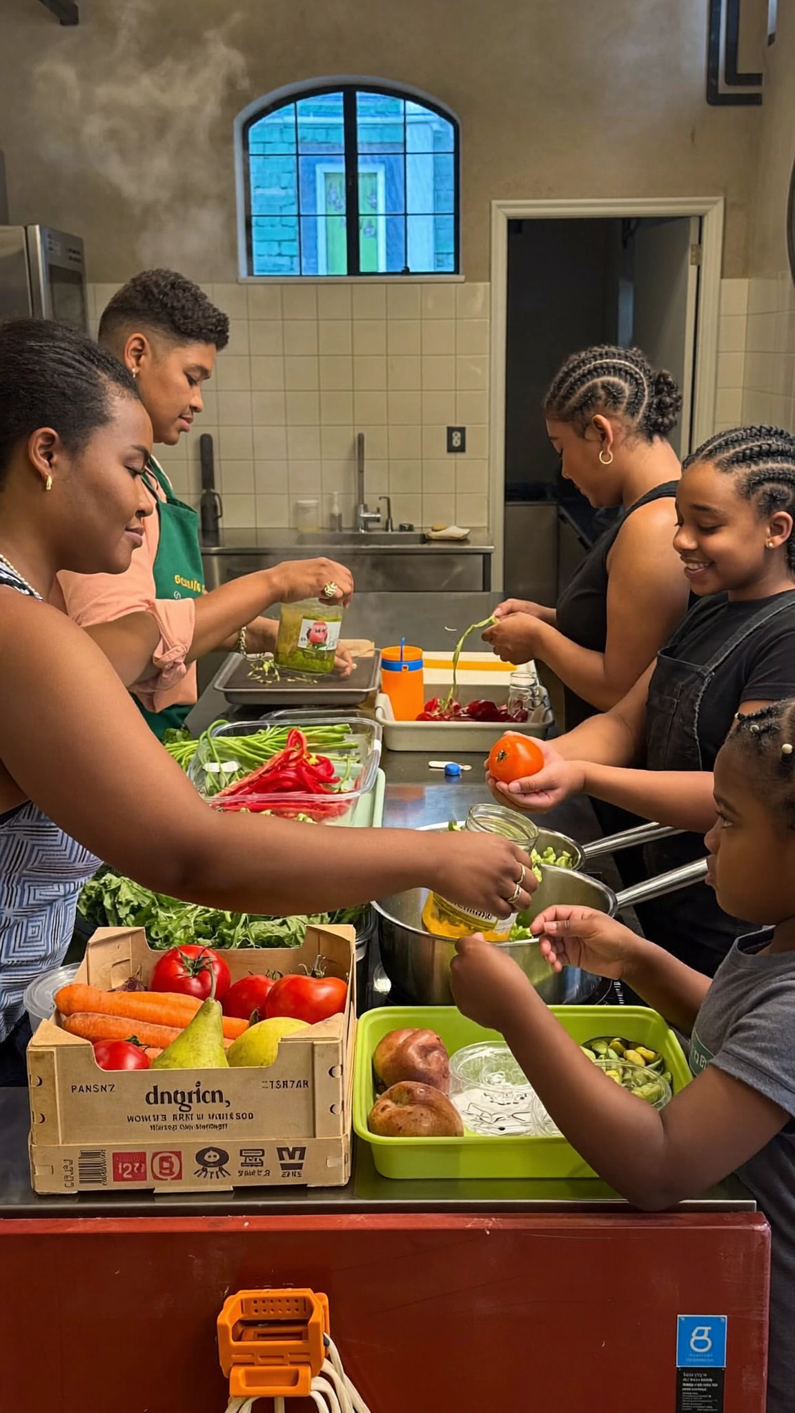 A communal kitchen prepares dinner from preserved and fresh irregular produce.