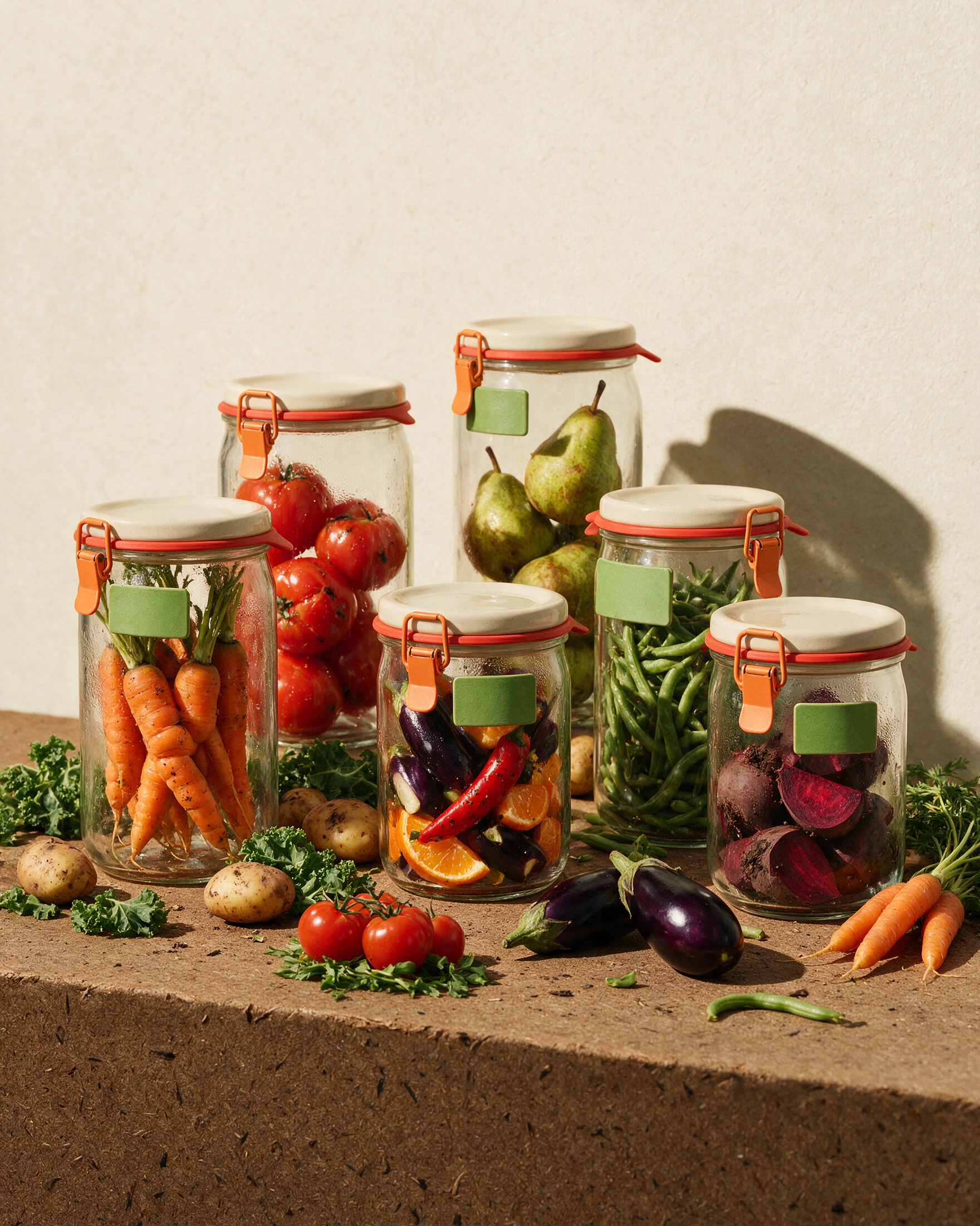 Reusable glass jars filled with imperfect vegetables on a working market counter.