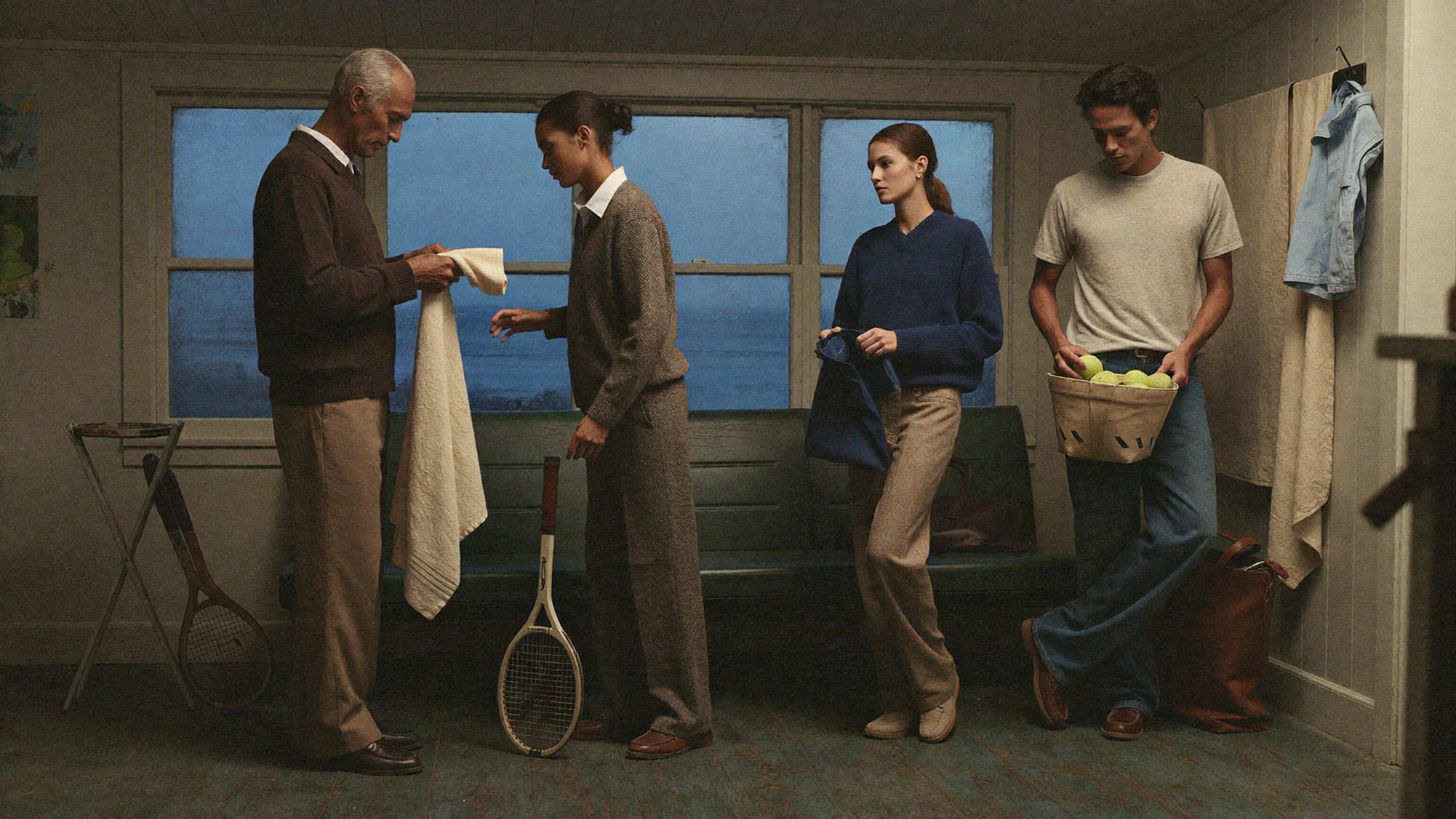 Four people stand inside a wood-panelled seaside clubhouse with racquets, bags, and folded clothing.