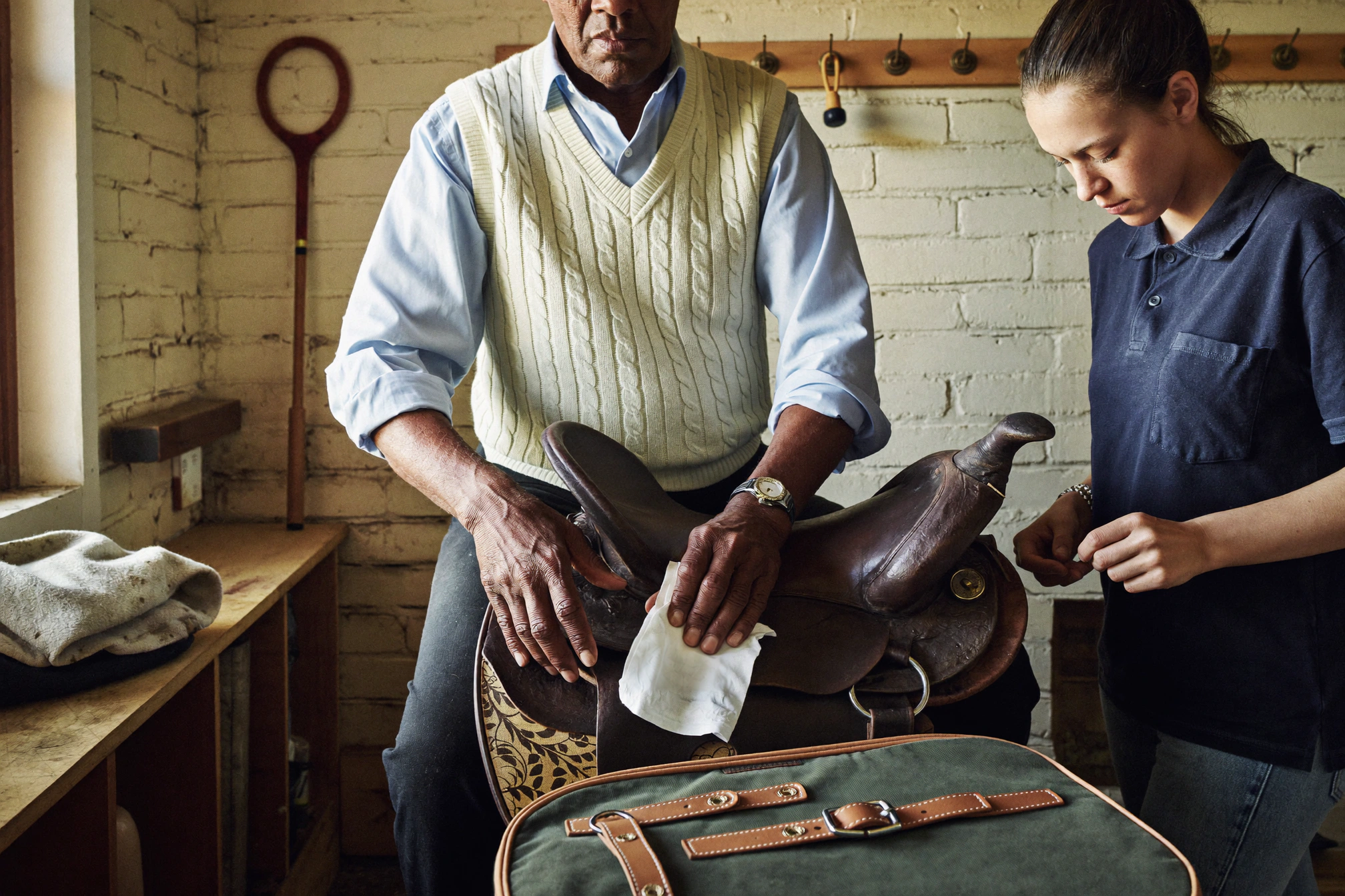 An older man and a younger woman clean a brown leather saddle on a workbench.