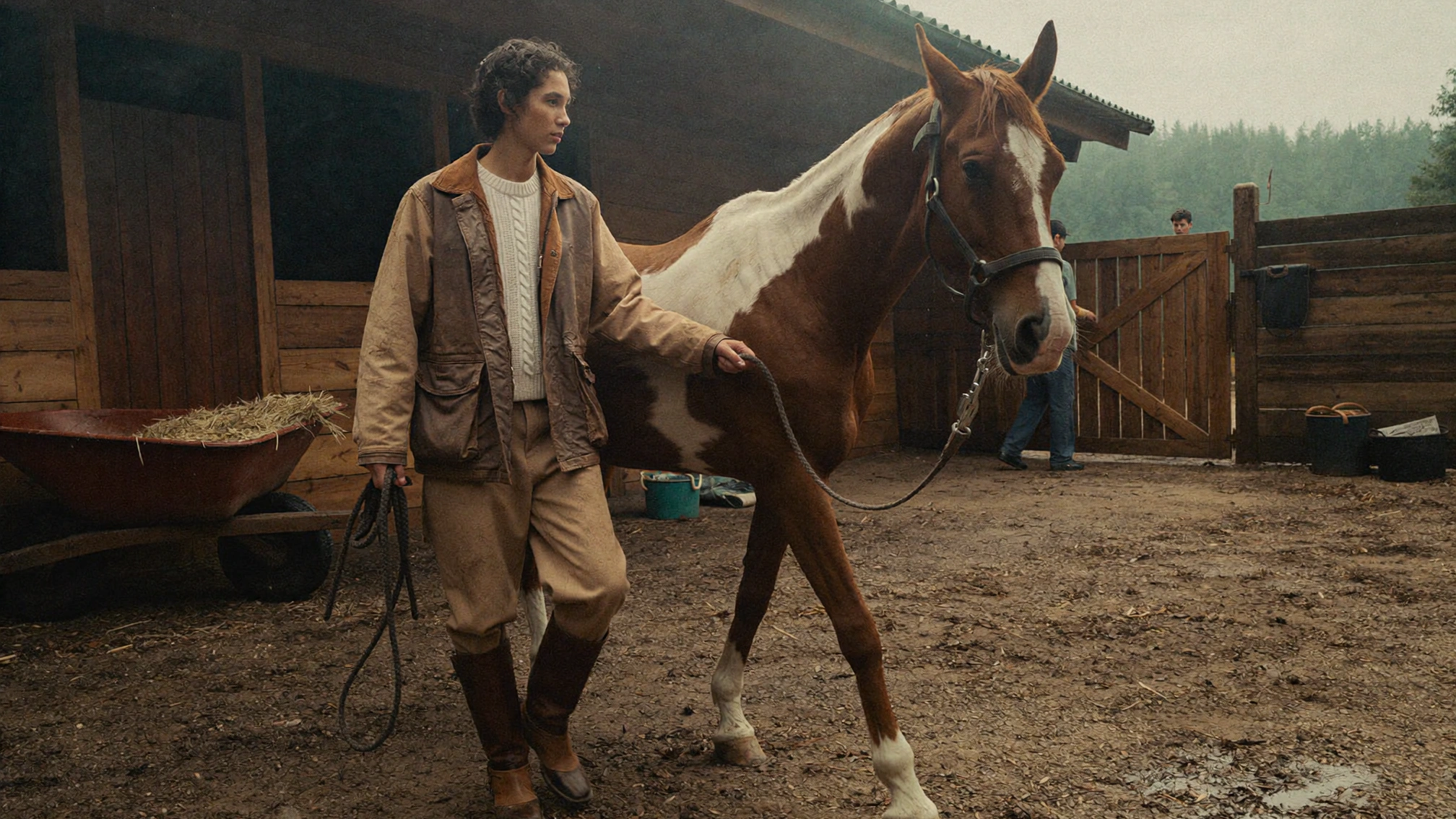 A woman in layered tan clothing walks a chestnut horse across a muddy stable yard.