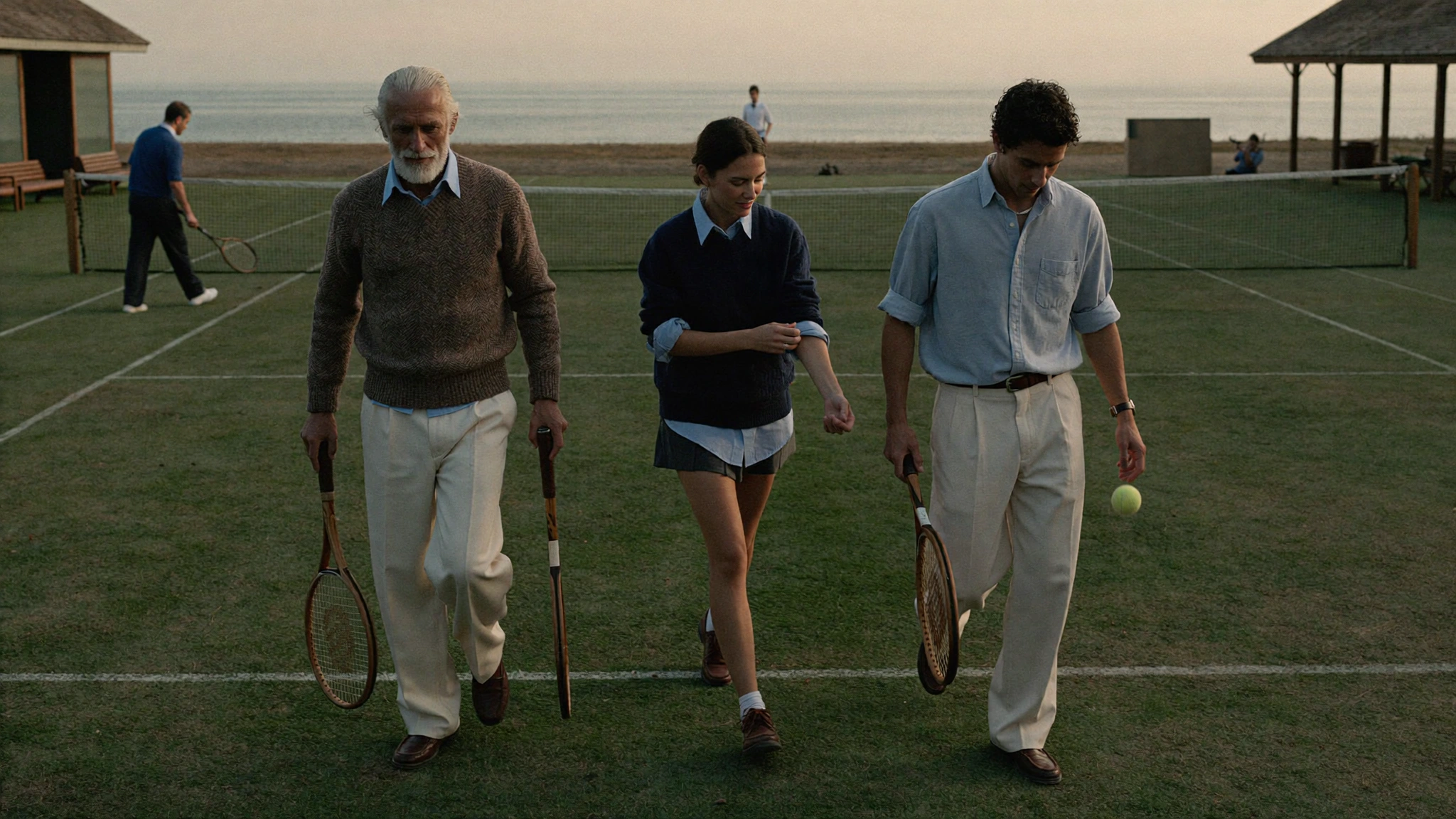Three people carrying wooden racquets walk across a seaside grass court while another person stands behind them.