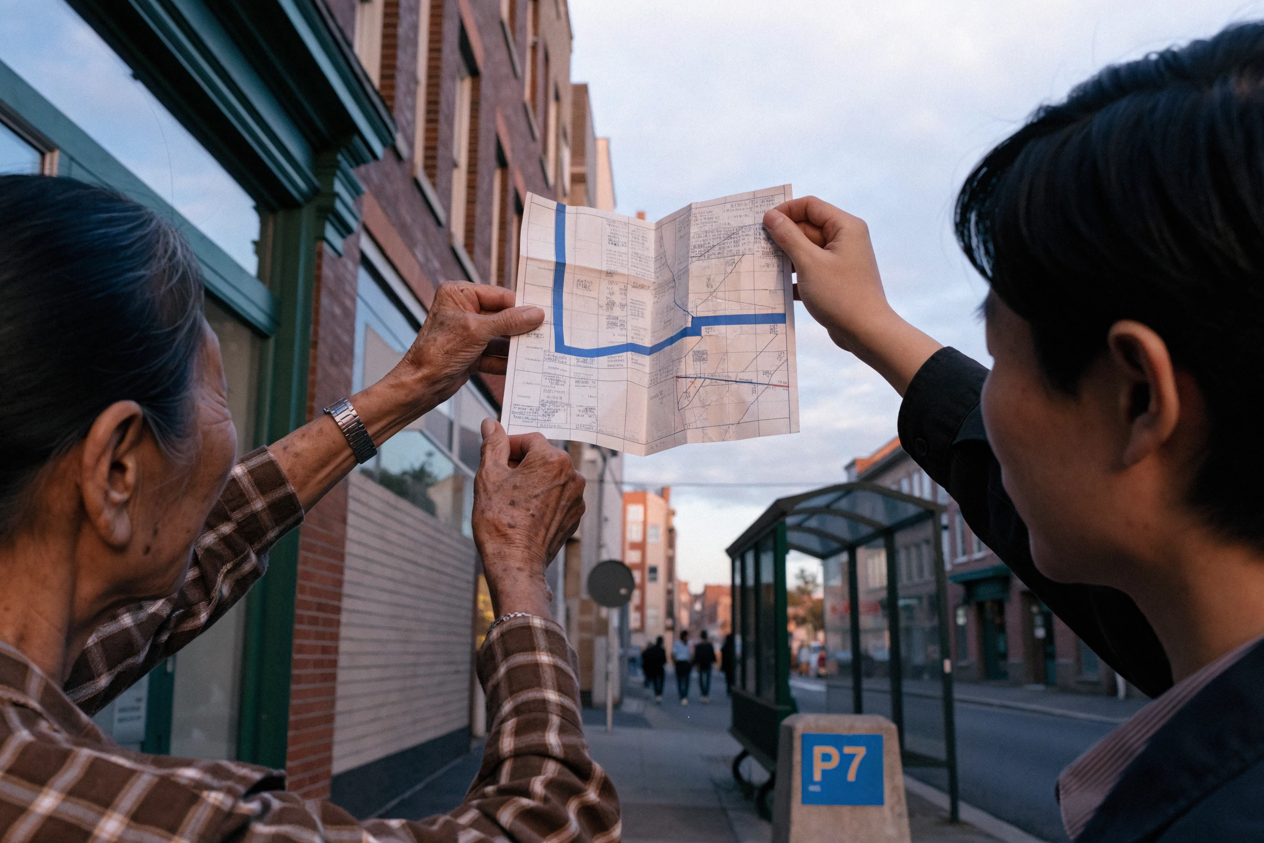 Two generations hold the same folded map above the street it describes.