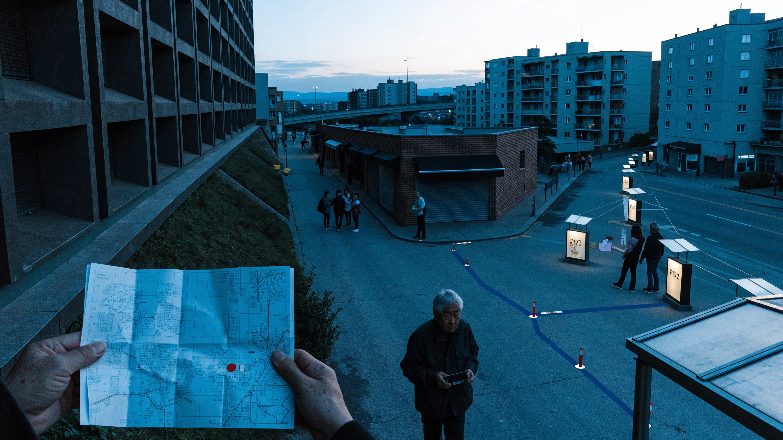 At blue hour, lit story stops connect the neighbourhood from an elevated viewpoint.