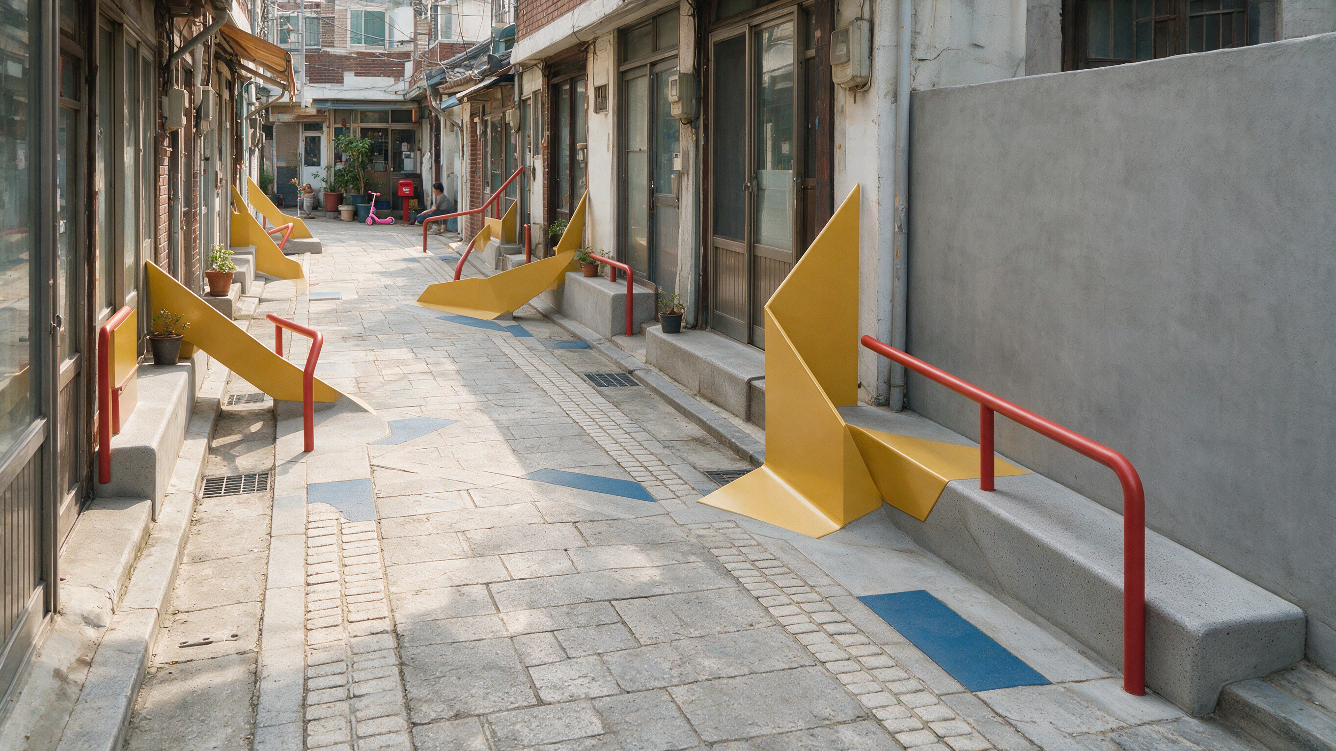 Modular neighbourhood wayfinding installed at pedestrian scale in Korea.
