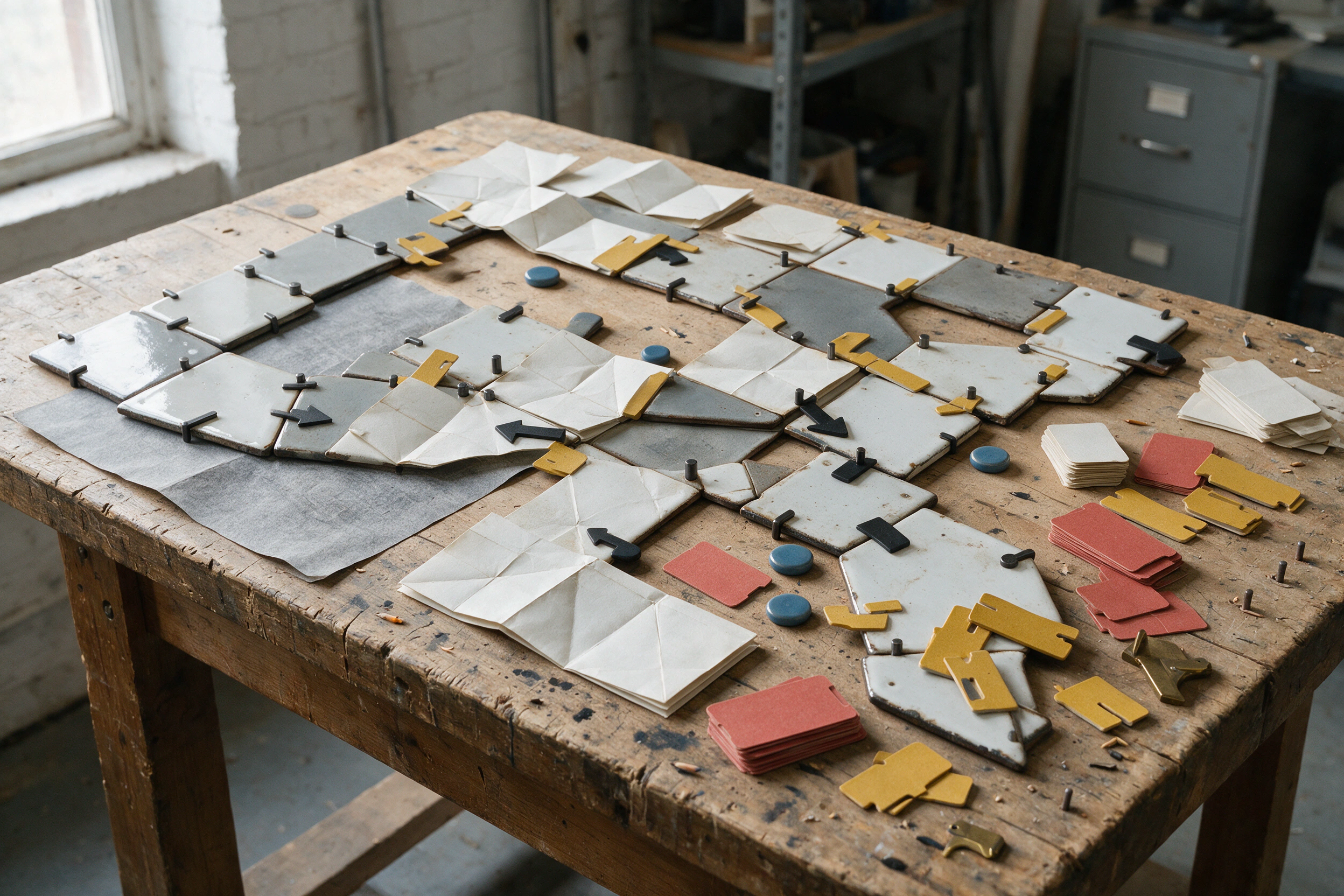 Enamel arrows, a folded map, and walk tickets share equal Korean-English hierarchy.