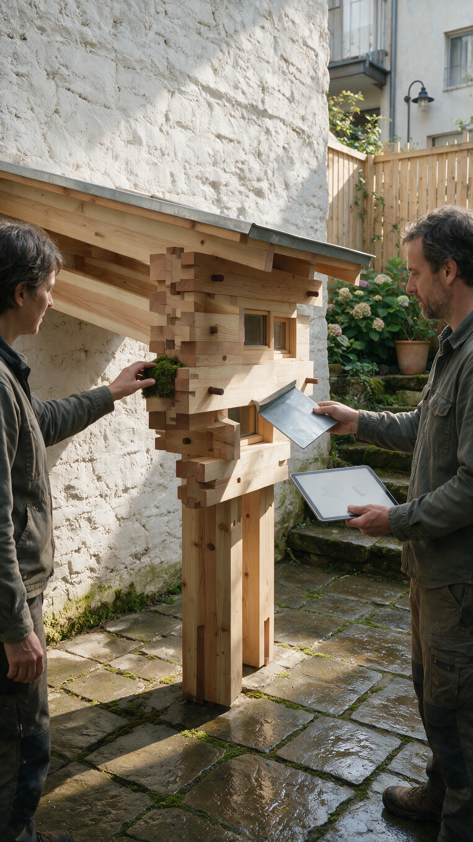 An architect and resident compare a room change on a tablet inside the home.