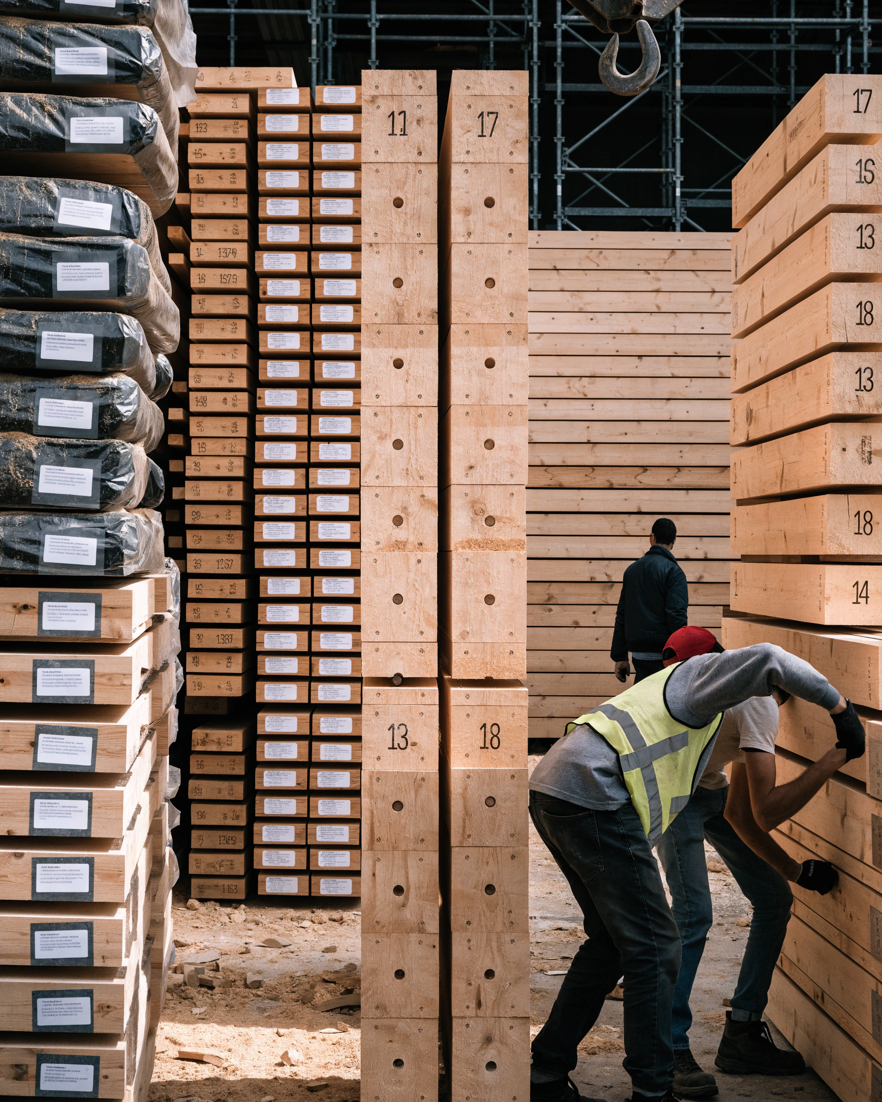 Numbered columns, beams, wall panels, and connectors wait in assembly order.