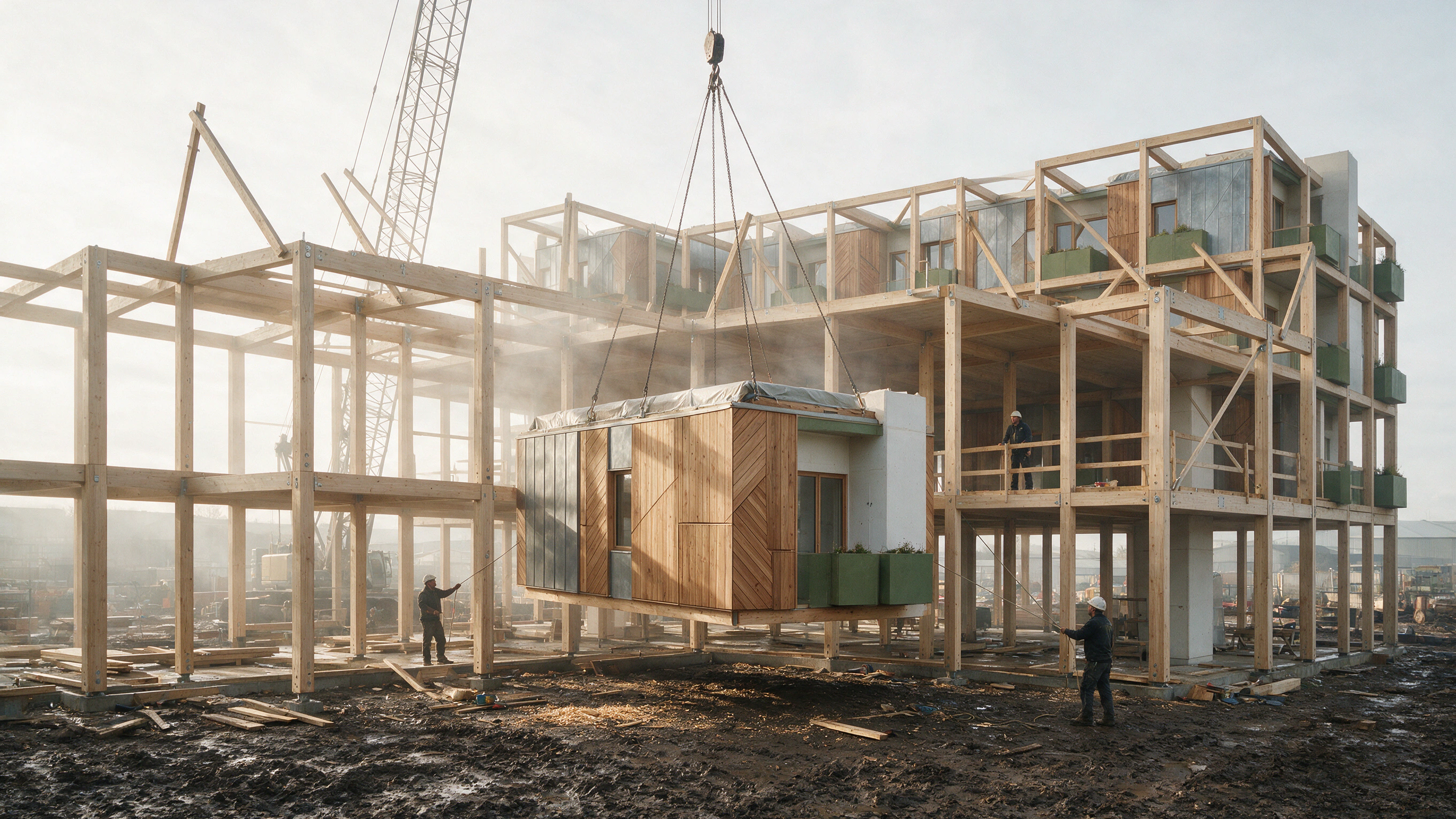 Prefabricated timber housing modules being craned into an exposed structural grid.