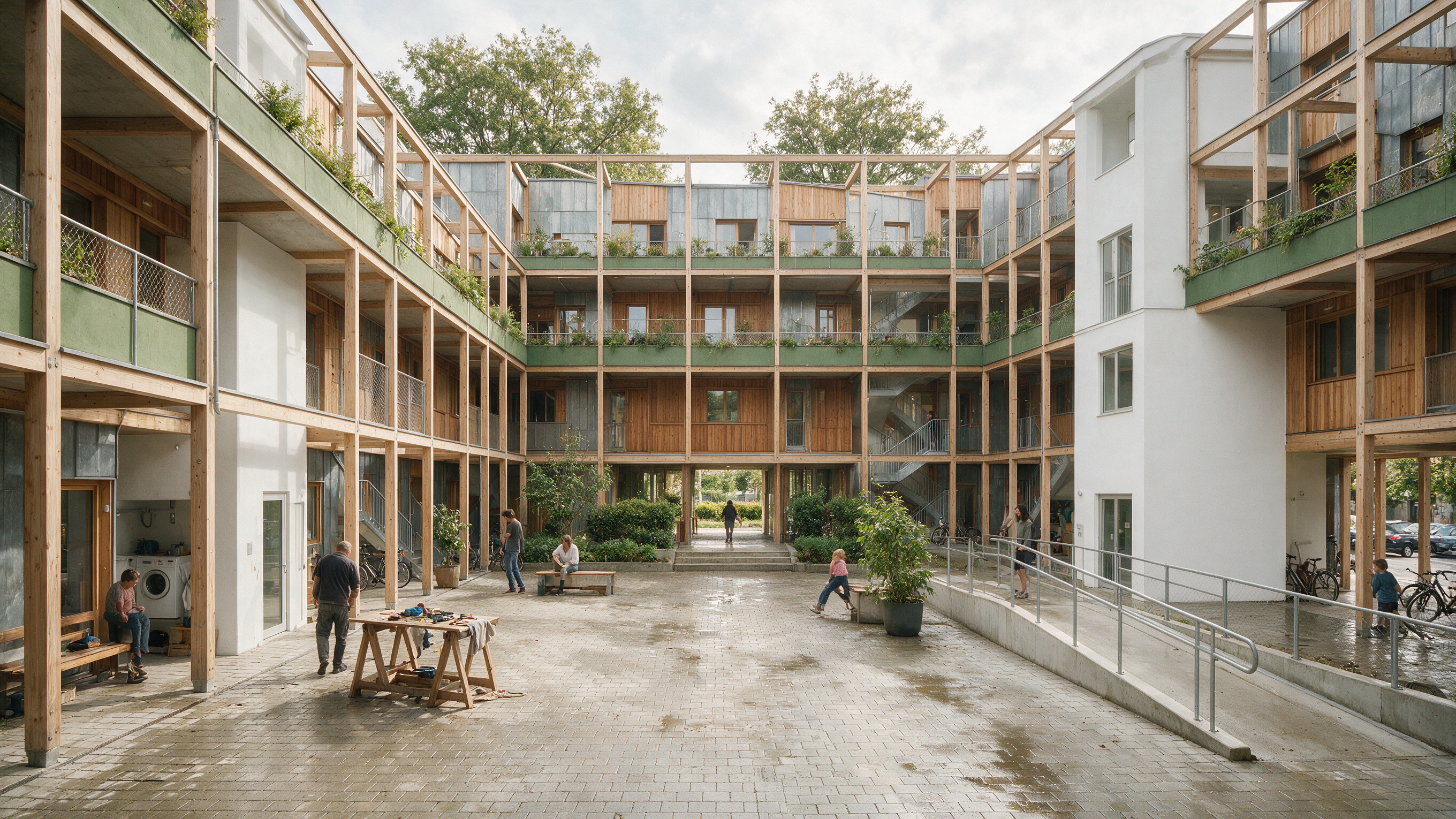 Residents occupy an adaptable courtyard with visible seams and shared circulation.