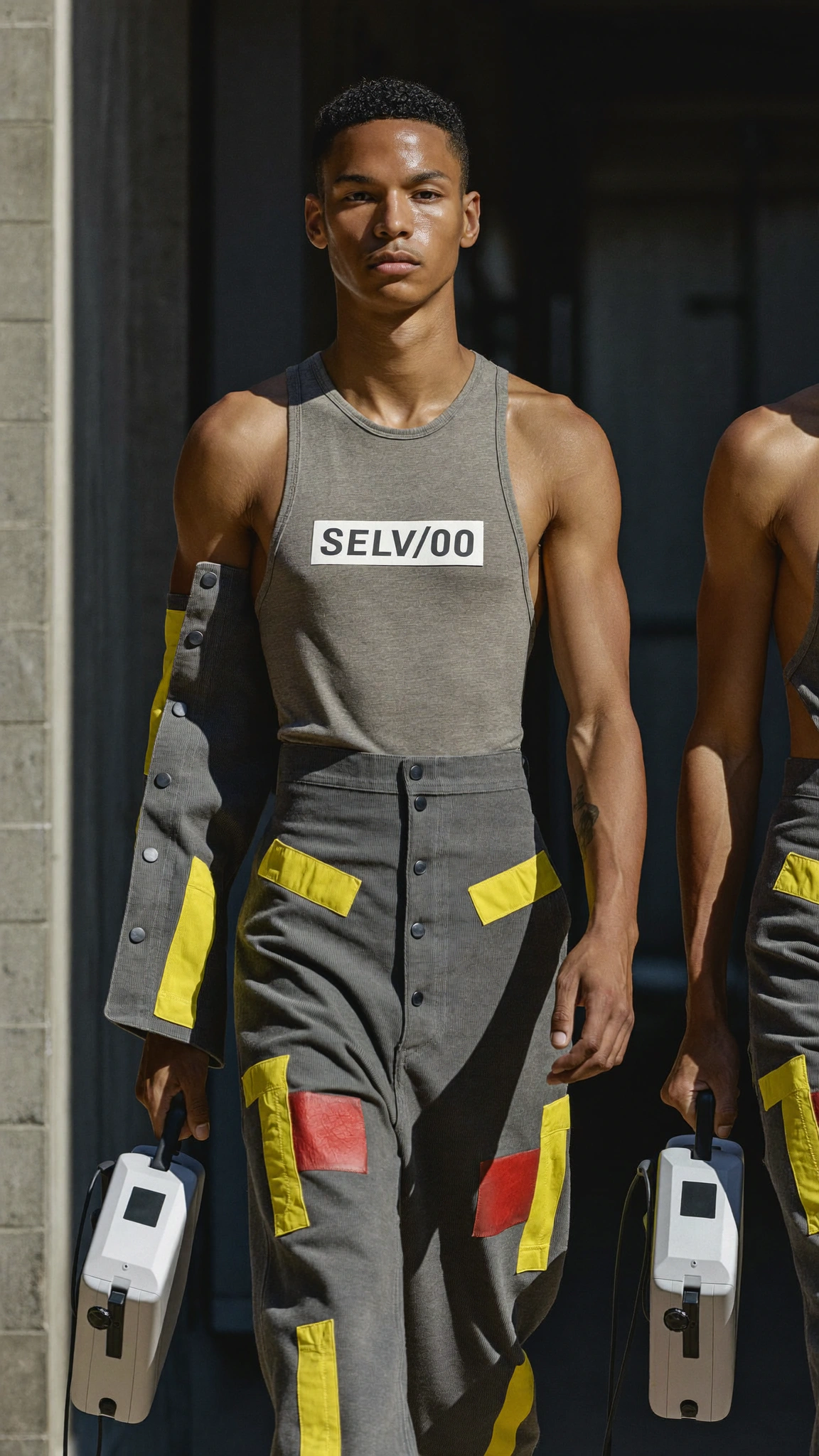 The altered garment is worn through a raw industrial passage rather than displayed as an object.