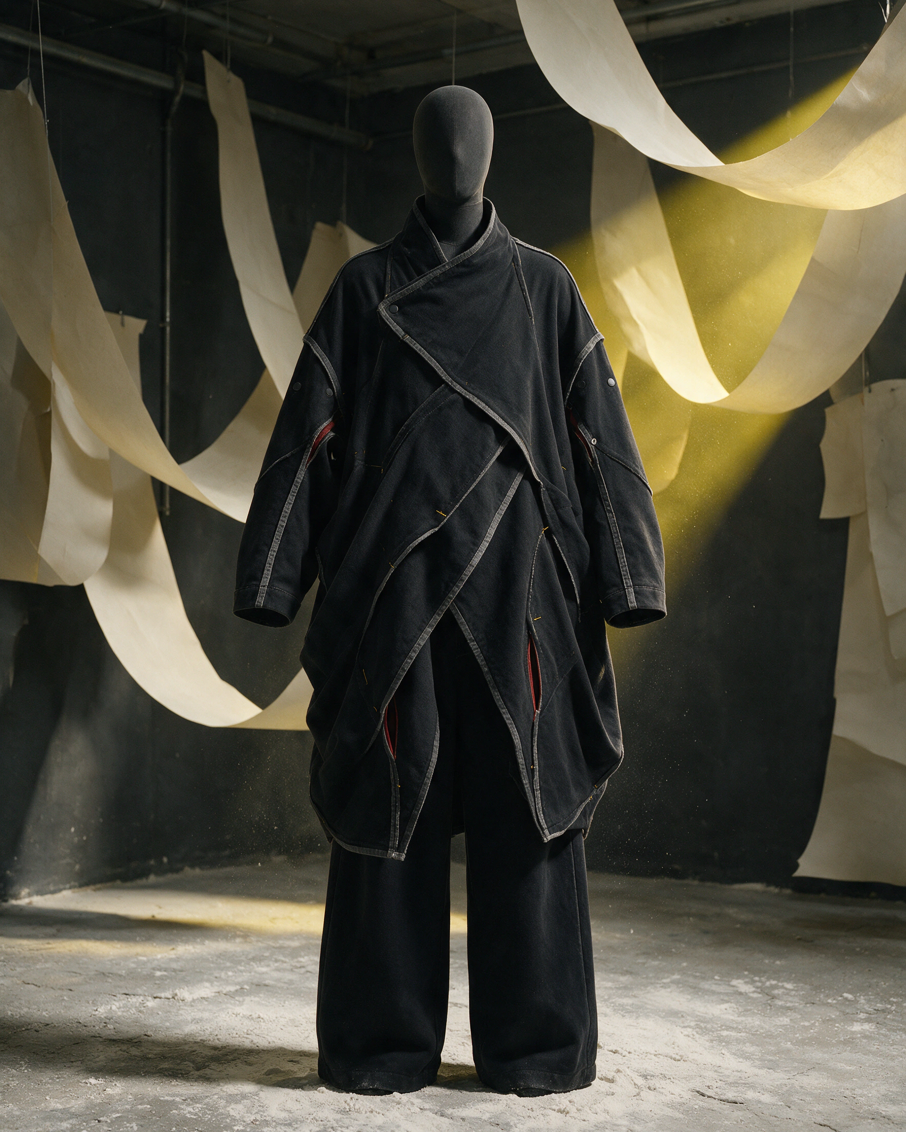 A repaired garment displayed on a mannequin, with its construction and seams visible.