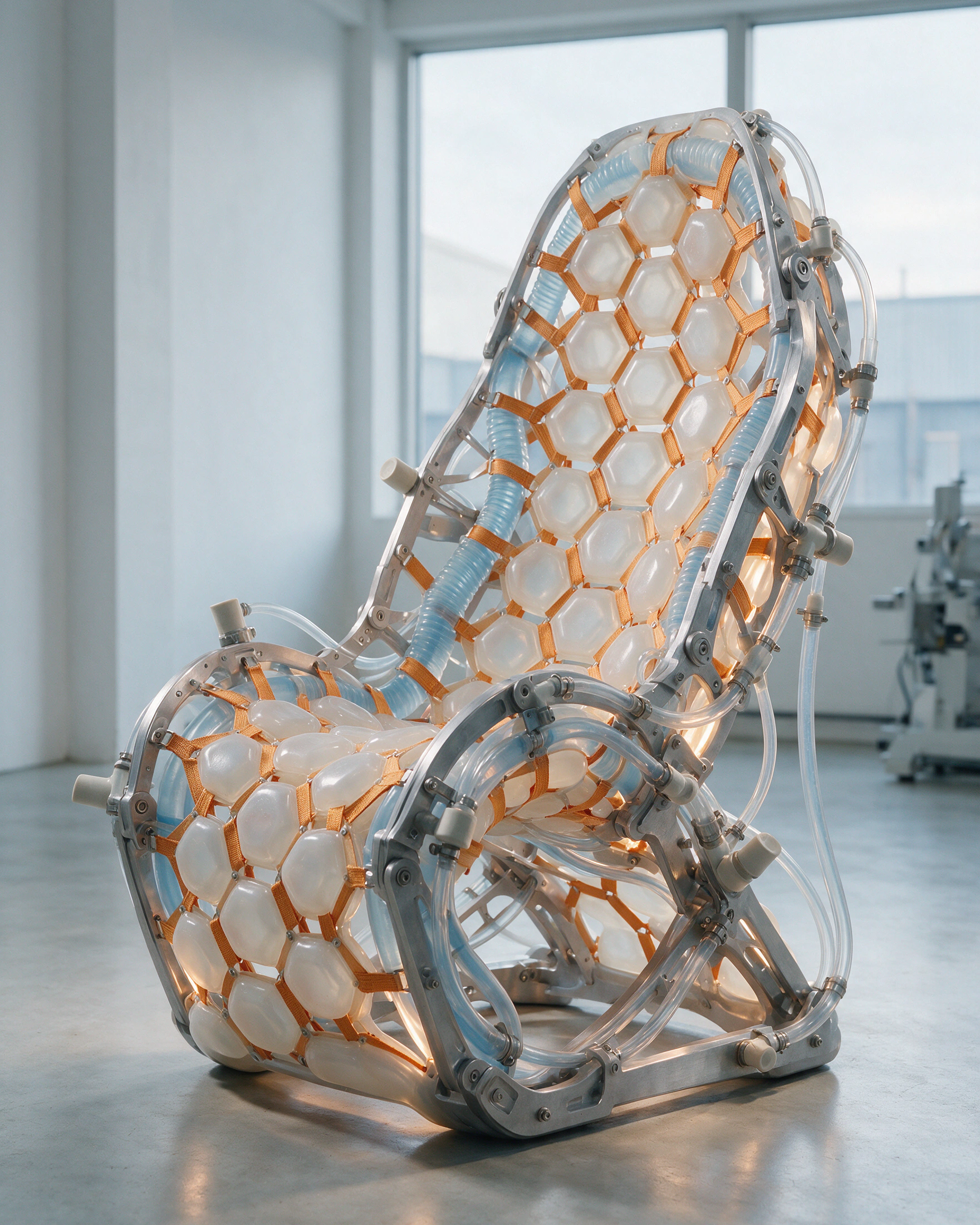Coral silicone organism poised on a mirror-polished chrome research plinth.