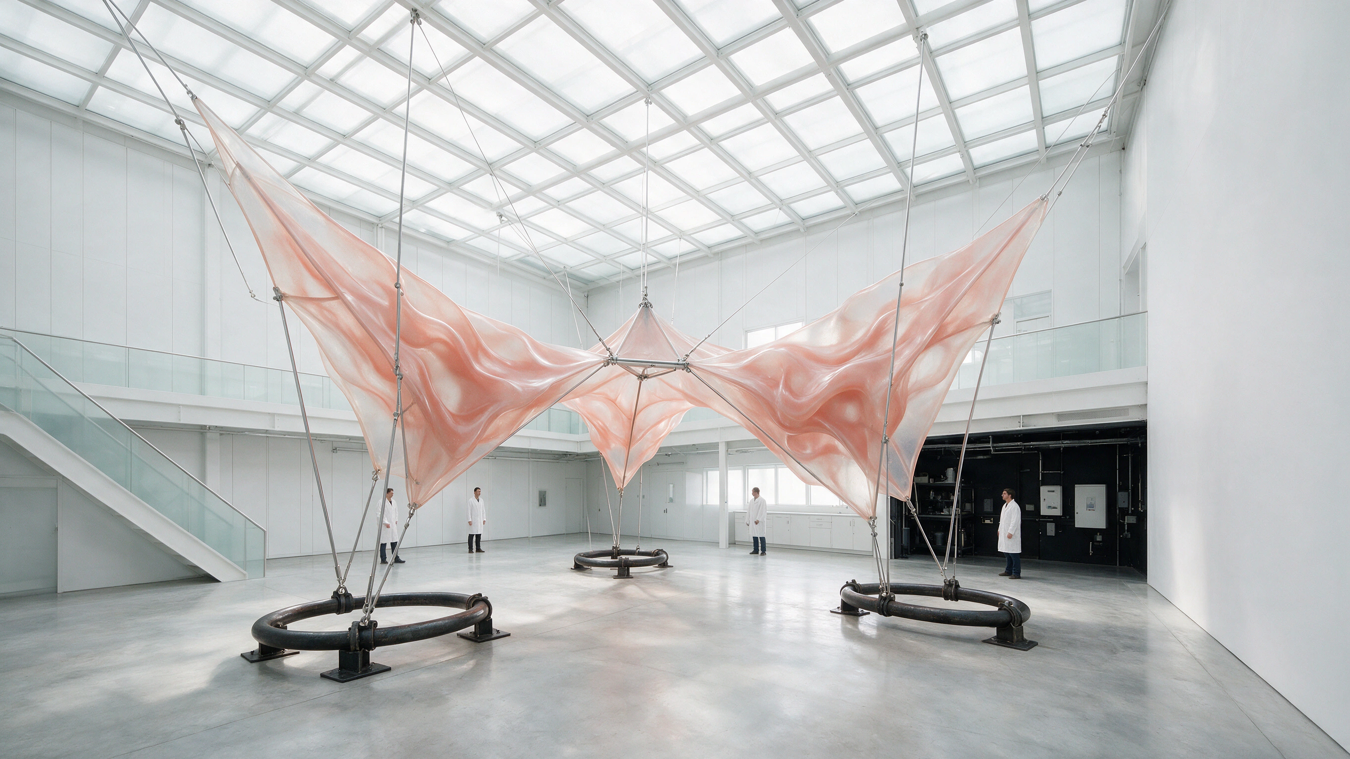 Soft coral forms and chrome instruments organise a public research hall.