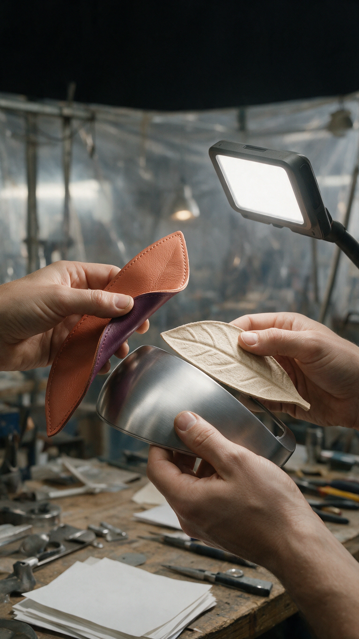 A designer compares two samples beneath a controlled material-review lamp.