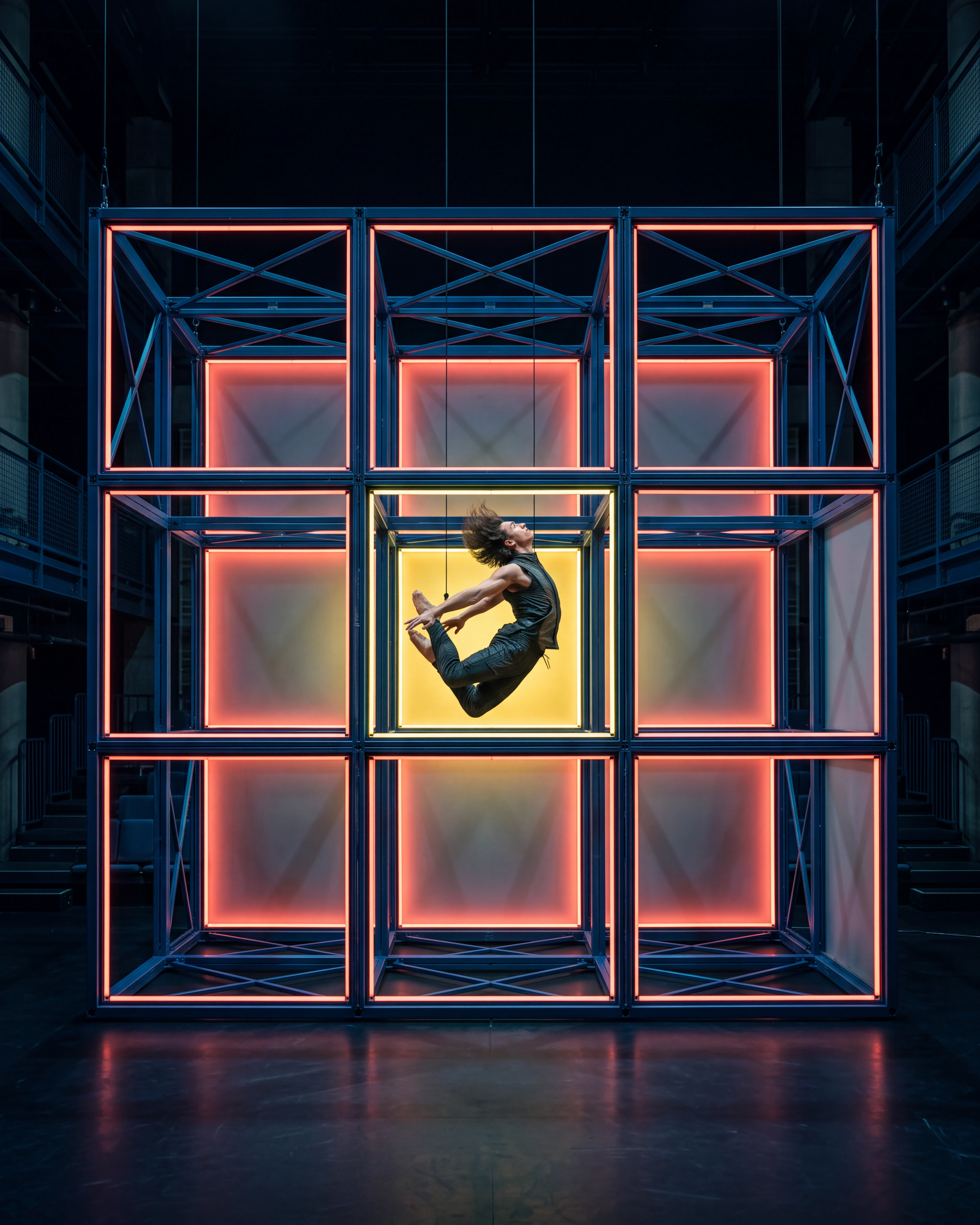 Contemporary dancer moving through a precisely lit nine-cell stage grid.