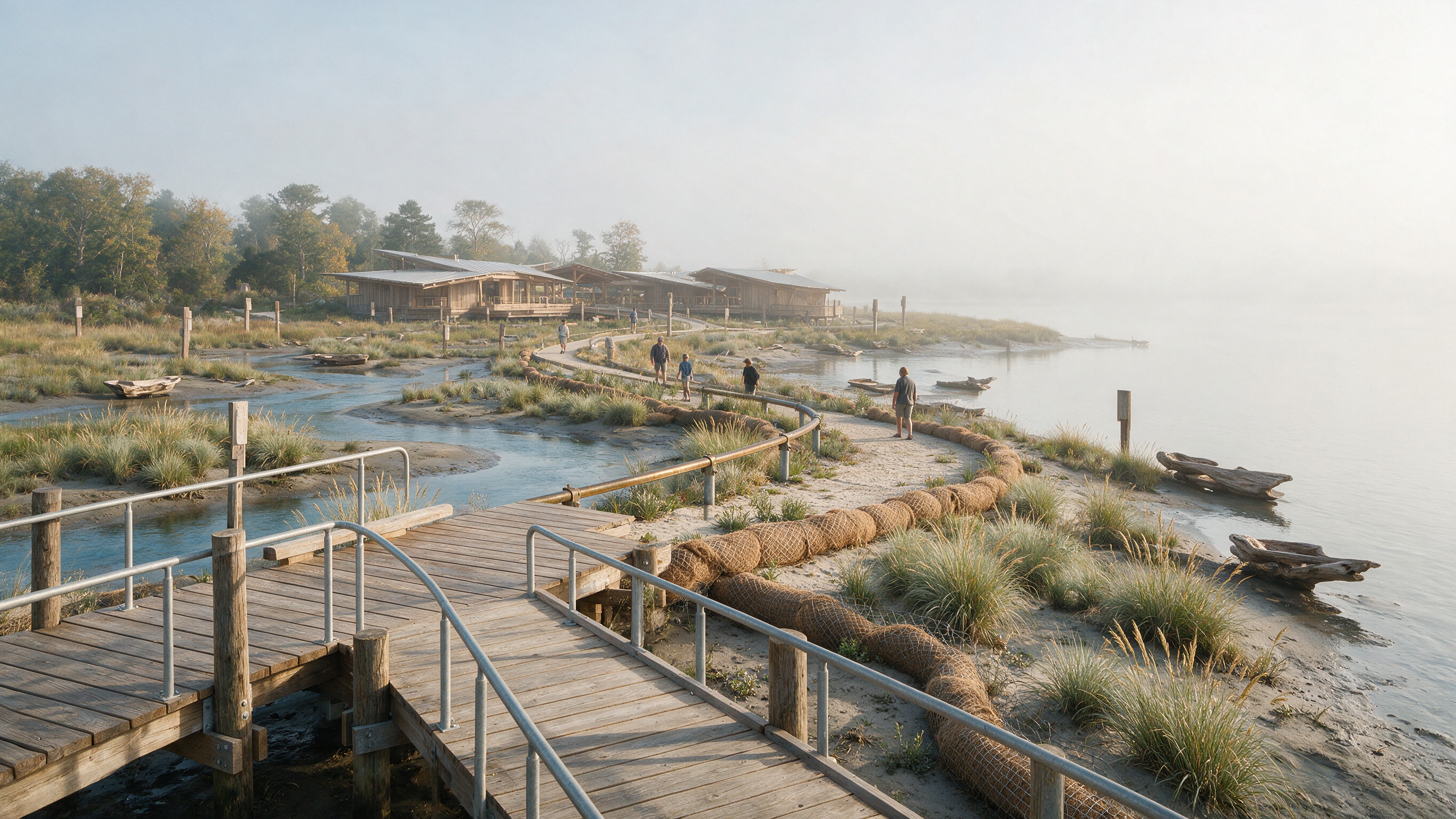 A timber path threads above a restored wetland without cutting through the reeds.