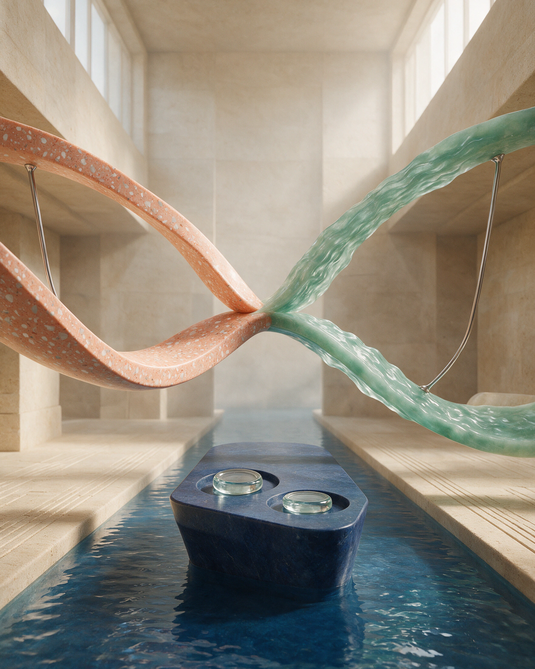 Two differently coloured sculptural ribbons meeting above a surface of water.
