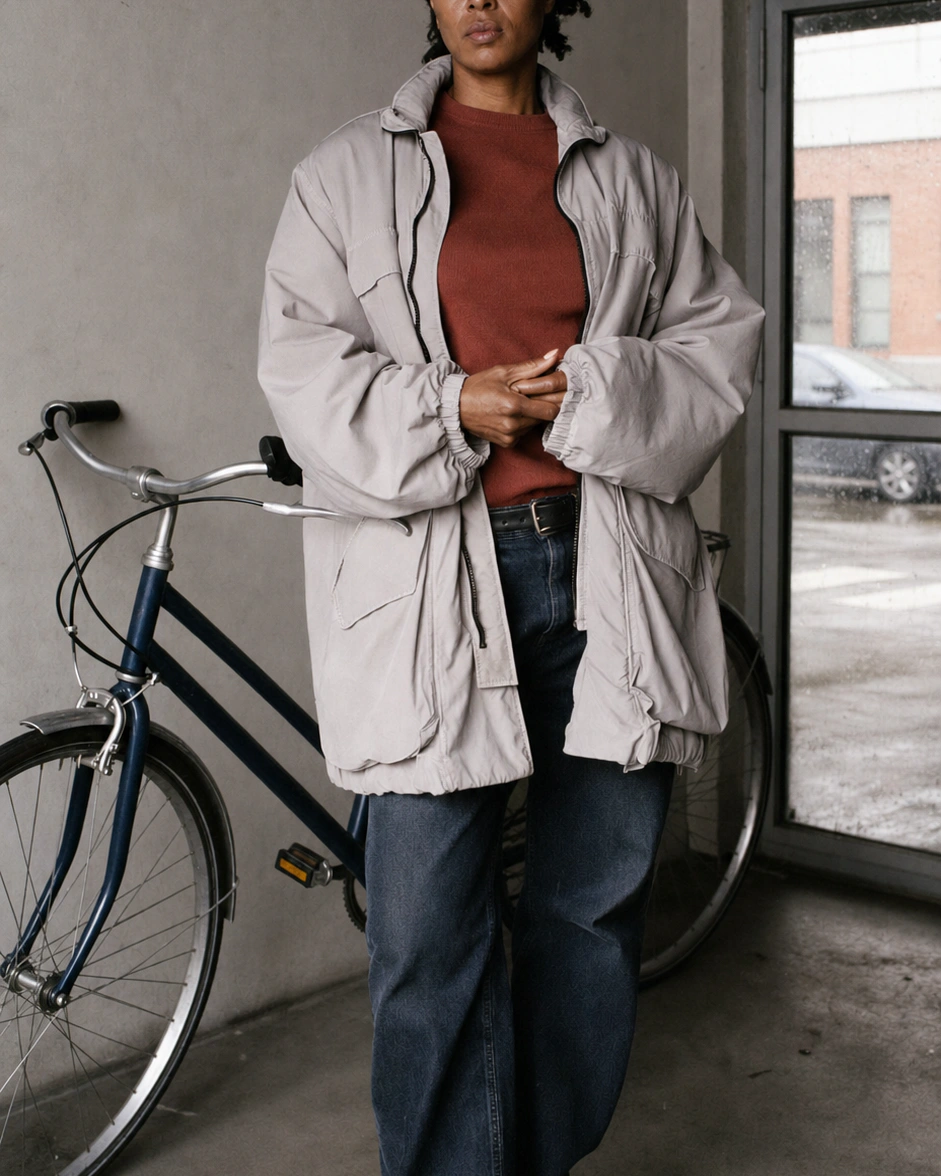 Closer view of the light padded jacket and red knit layered together beside the bicycle in the doorway.