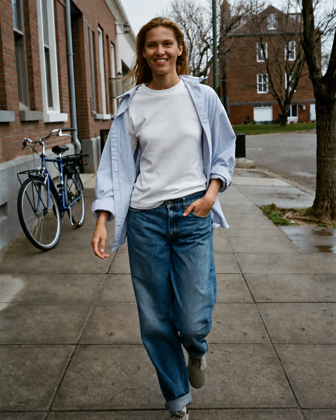 A woman in a white T-shirt, open blue striped shirt and jeans walks along a residential street beside a bicycle.